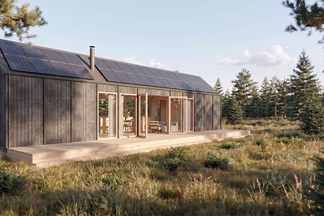 Nor50 sett från söder med solceller på taket och altandäck