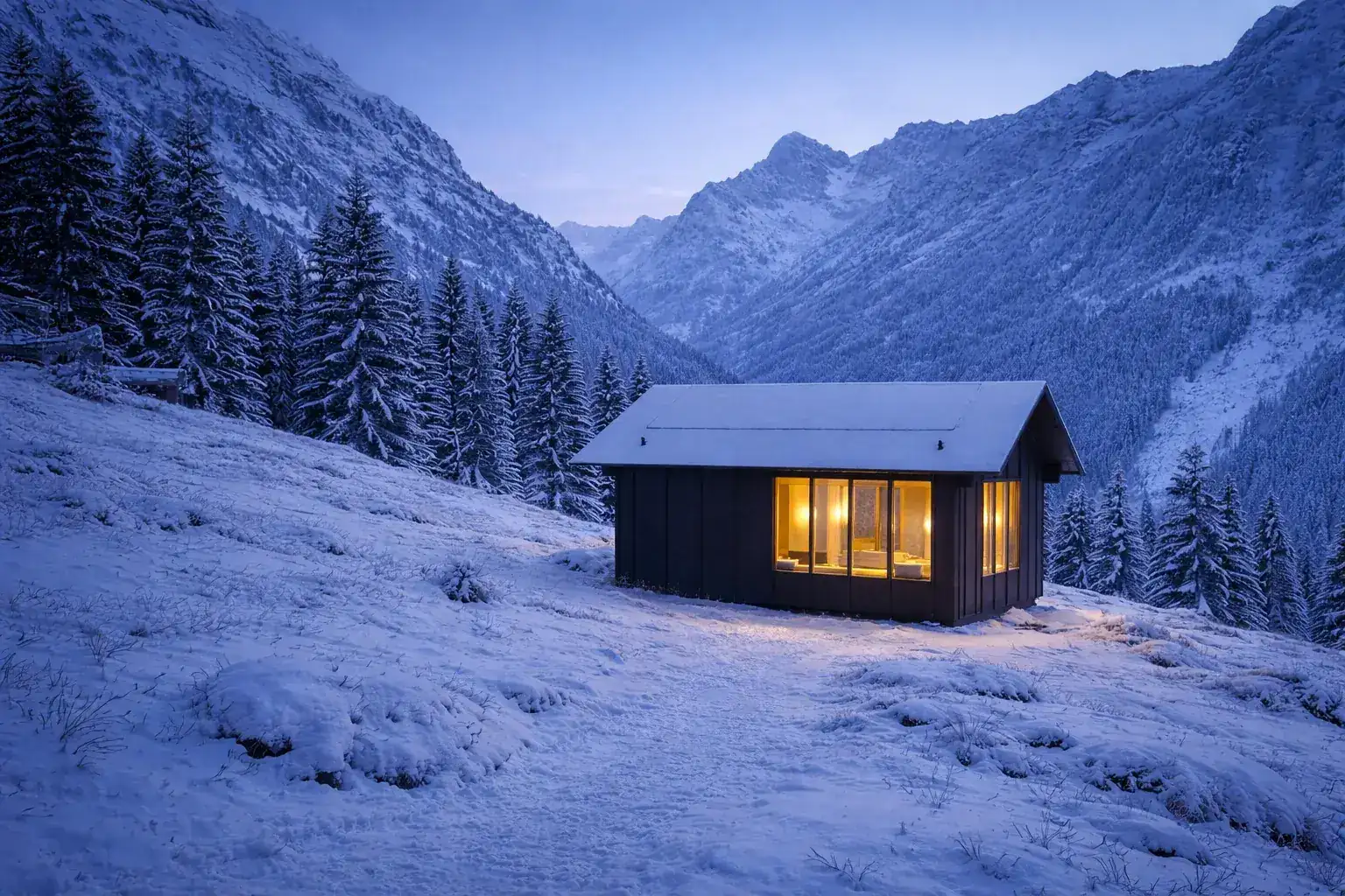 Off-grid stuga från Nor Cabins på vintern med snötäckt landskap